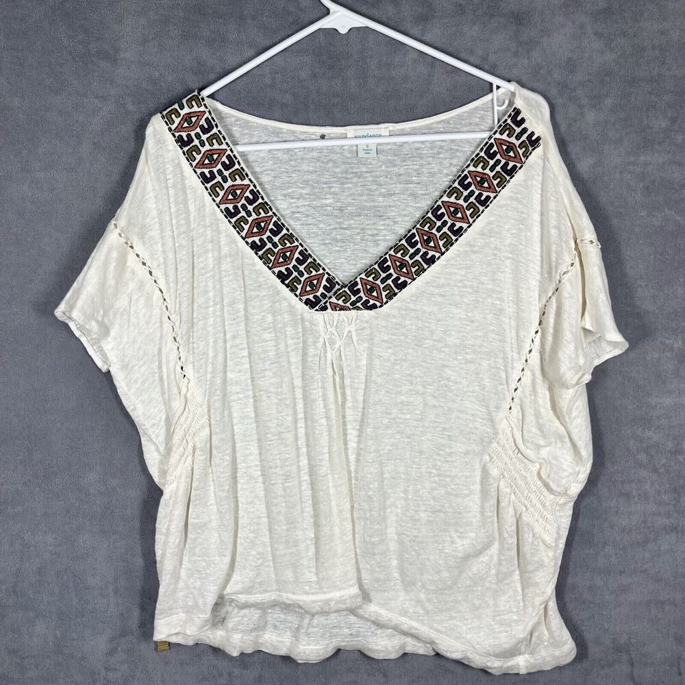 Sundance Blouse Women's Small White Batiste V-Neck Dolman Sleeve Embroidered Top